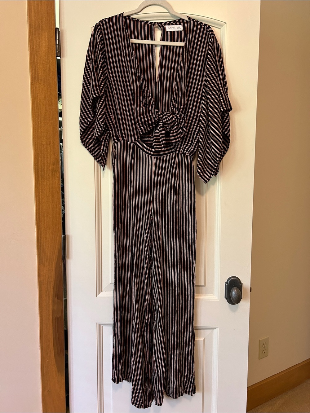 Faithful the brand tie front open waist jumpsuit stripes flare sleeves fashion